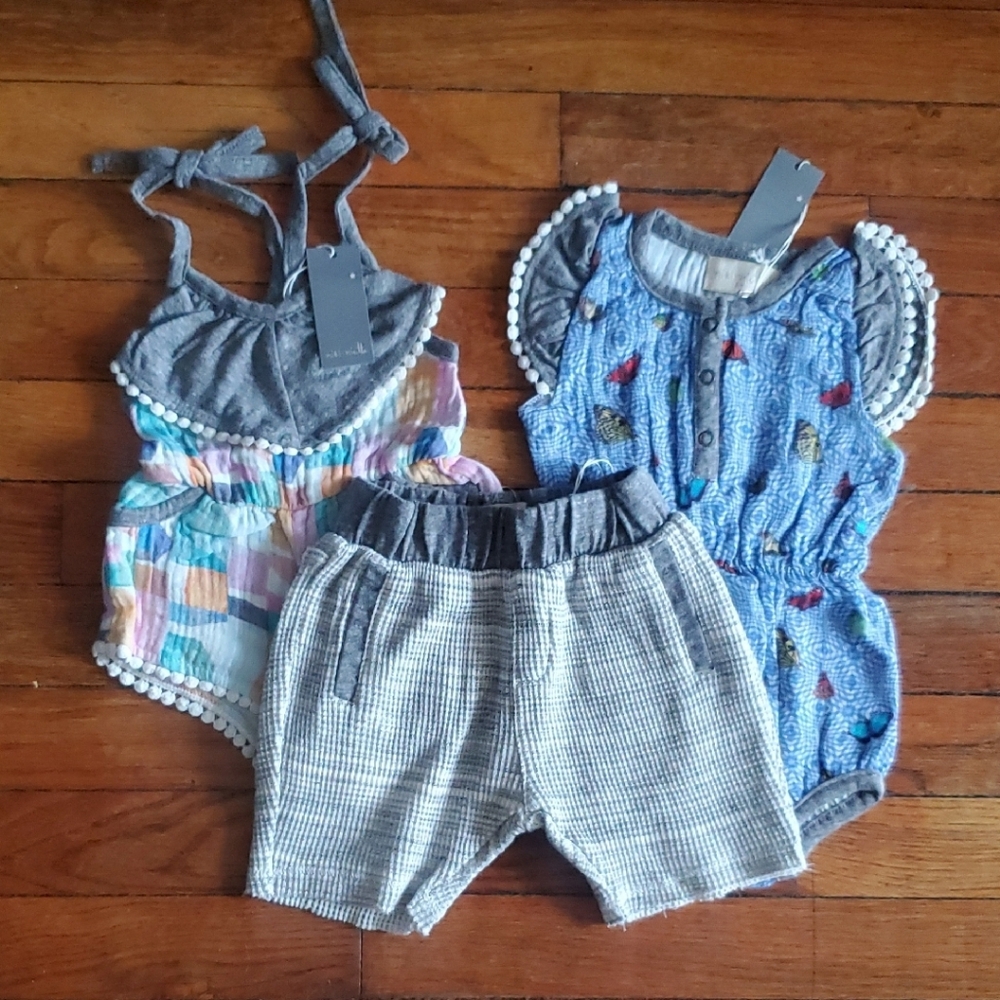 Gray and Blue Ruffled Denim Shorts